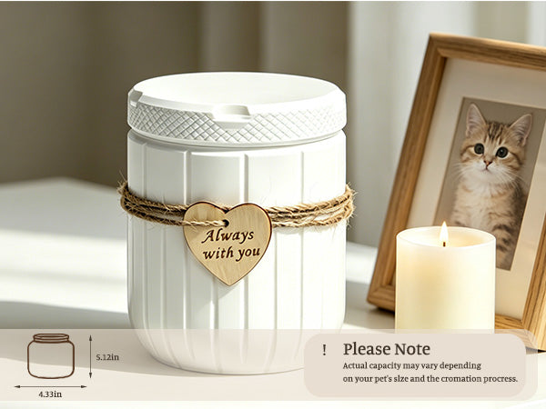 AVIMO pet urn for ashes displayed beside a pet memorial photo