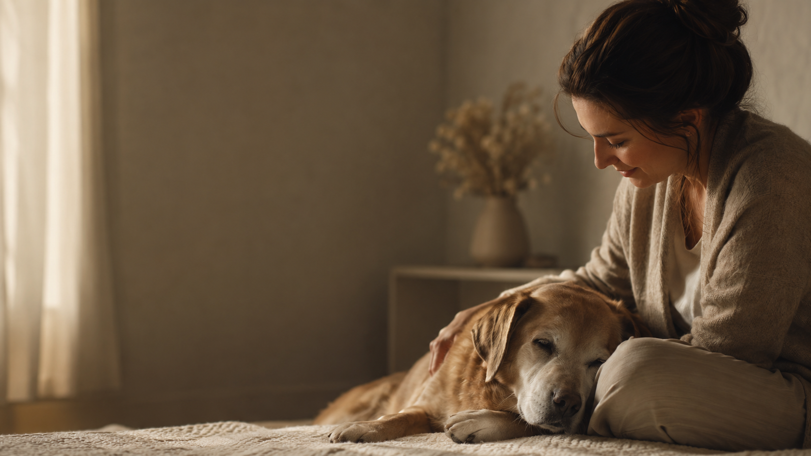 A peaceful moment between a pet owner and her senior dog