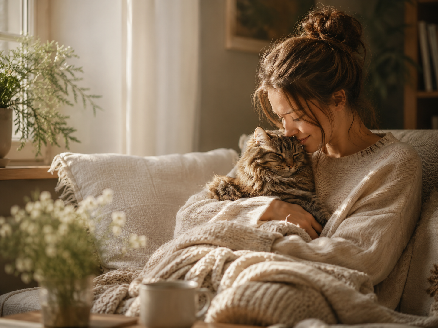 A woman sharing a quiet moment with her cat by the window